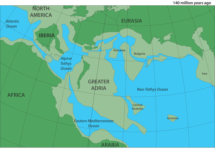 Реконструкция Большой Адрии, Африки и Европы около 140 миллионов лет назад
