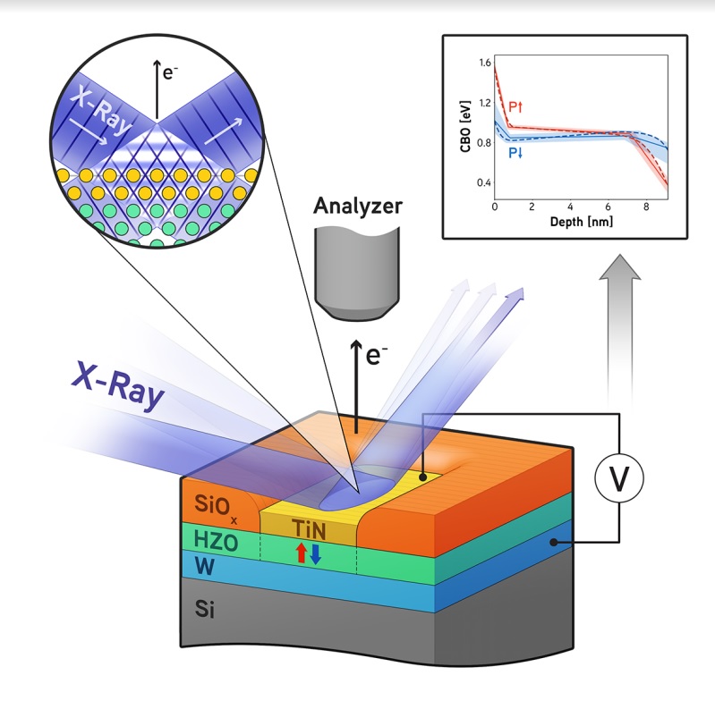 Принципиальная схема проведенного эксперимента по измерению  электрического потенциала в наноразмерных слоях сегнетоэлектрического HfO2