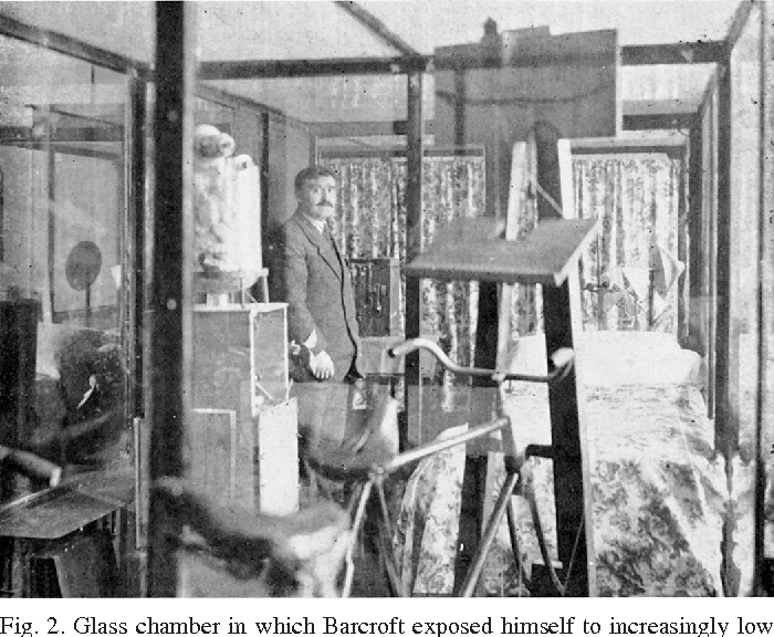 Джозеф Баркрофт в стеклянной камере во время одного из экспериментов. Источник: American journal of physiology
